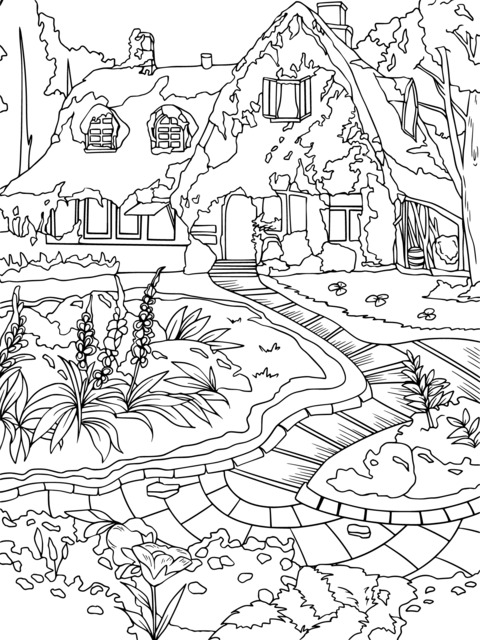 Coloring Page of a Fairytale Cottage and Garden