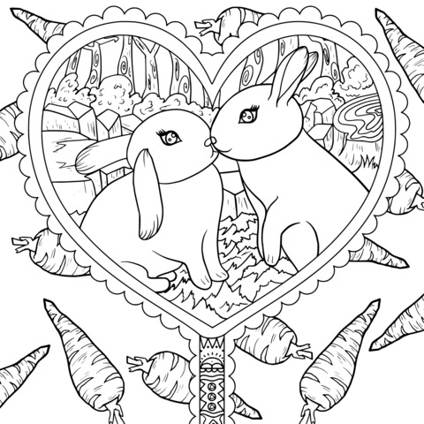 Adorable Kissing Rabbits Coloring Page