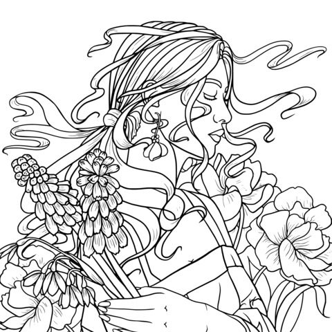 Dreamy Girl Holding Flowers Coloring Page