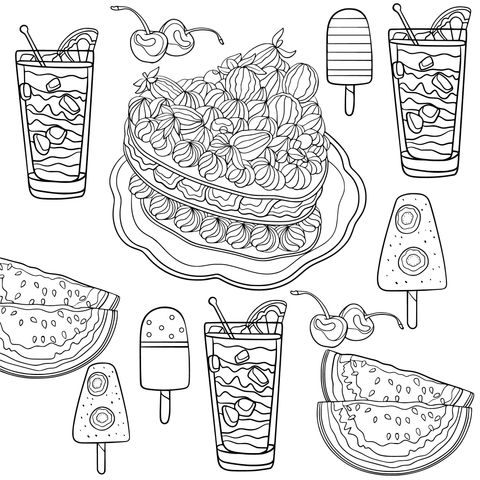 Colorful Summer Desserts and Drinks Coloring Page