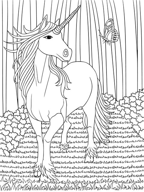 Dreamy Unicorn and Butterfly Coloring Page