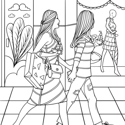 Fashion Shopping Coloring Page: Two Ladies' Shopping Moment