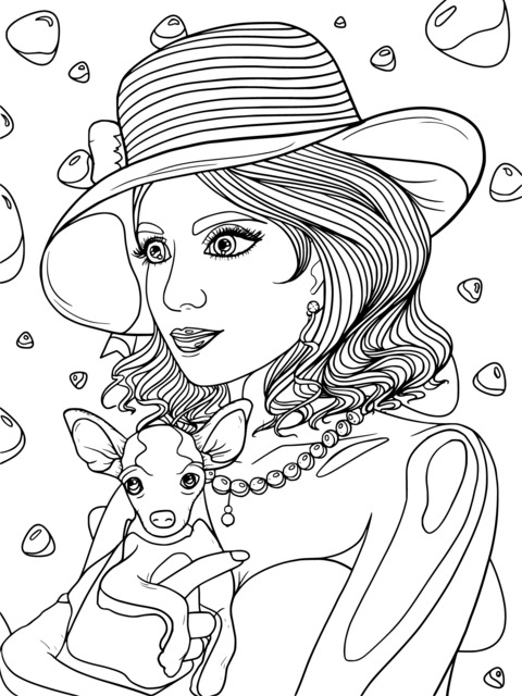 Fashionable Lady and Puppy Coloring Page