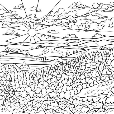 Página para Colorir de Paisagem Rural: Nascer do Sol sobre Colinas Florestadas