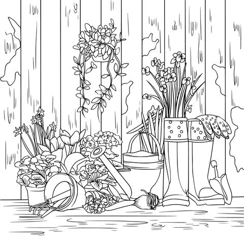 Gardening - themed Coloring Page: Colorful Plants and Gardening Tools