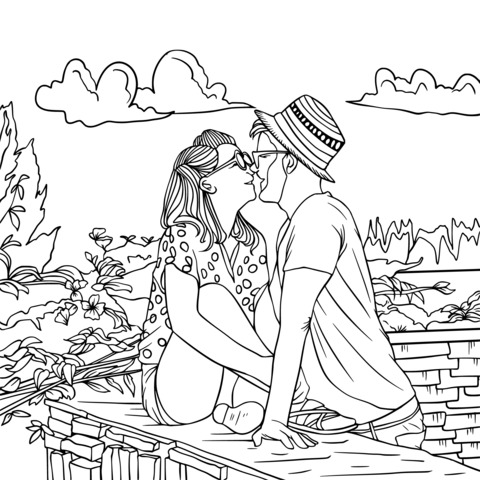 Romantic Couple Kissing Outdoors Coloring Page