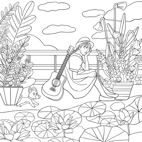 Página de colorear del relajante momento en el jardín de una chica y su guitarra