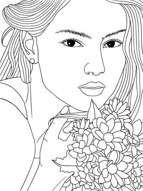 Beautiful Woman Holding Flowers Coloring Page