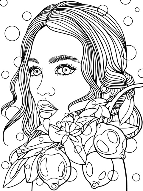 Blue - Haired Woman and Lemon Coloring Page Illustration