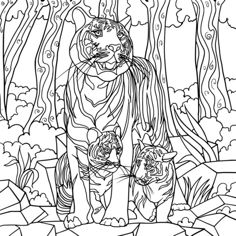 Tiger Family Coloring Page: A Heart - warming Scene in the Jungle