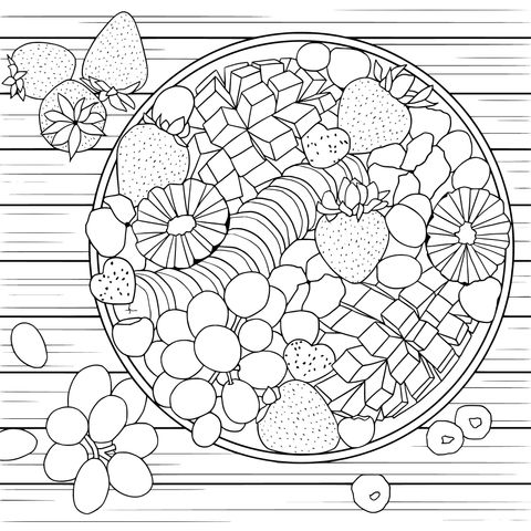 Página de Colorear de un Platillo de Frutas Coloridas