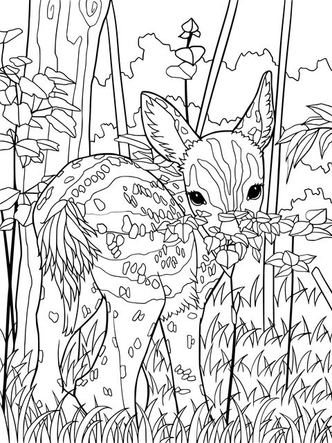 Coloring Page of a Fawn in the Forest