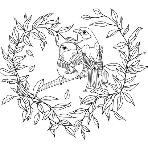 Coloring Page of Two Birds on a Branch with a Leaf Wreath