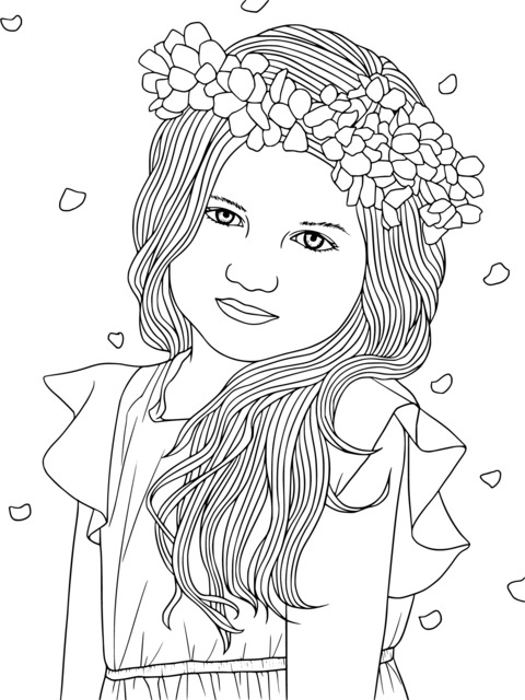 Coloring Page of a Little Girl in a Pink Dress with a Flower Crown