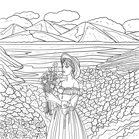 Coloring Page of a Woman in a Pink Dress Holding a Bouquet and a Beautiful Lake View