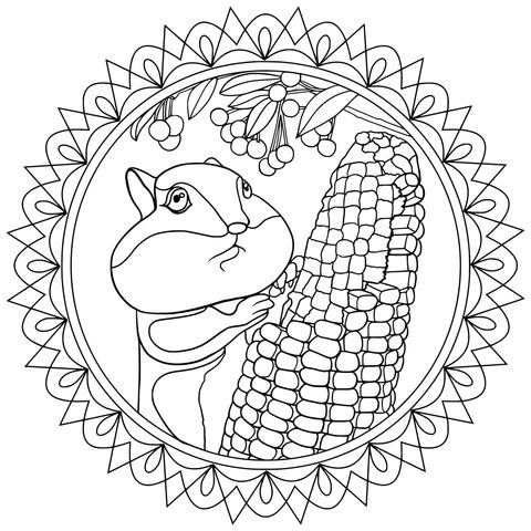 Cute Chipmunk and Corn Coloring Page