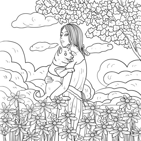 Página de colorear de una escena cálida de una chica y un Shiba Inu en un campo de flores