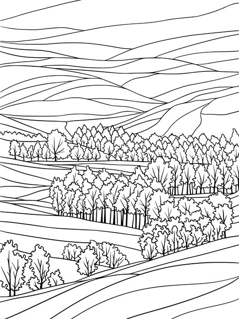 Green Hills and Colorful Woods Coloring Page