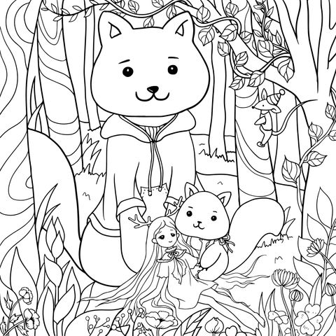 Coloring Page of a Girl and Animals in the Forest