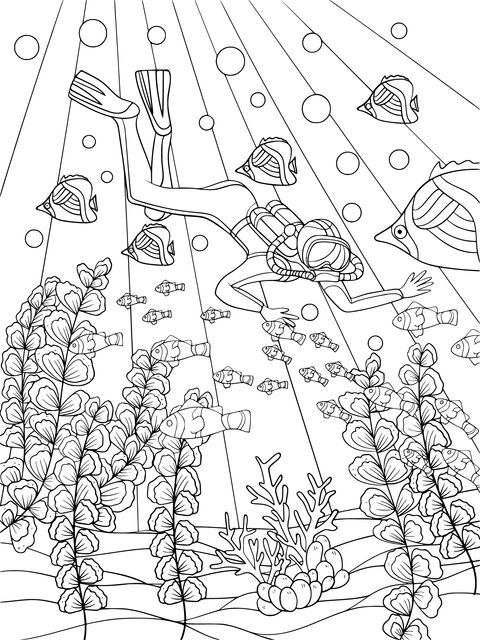 Diver's Underwater Adventure Coloring Page