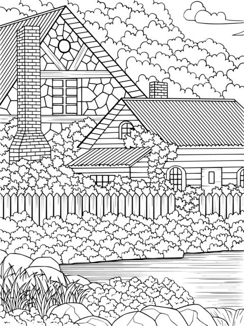 Rural Cottage Landscape Coloring Page