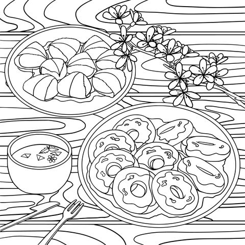 Coloring Page: Various Pastries and Flowers