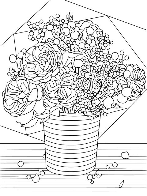 Página de colorir de flores em um vaso