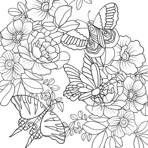 Colorful Butterflies and Flowers Coloring Page