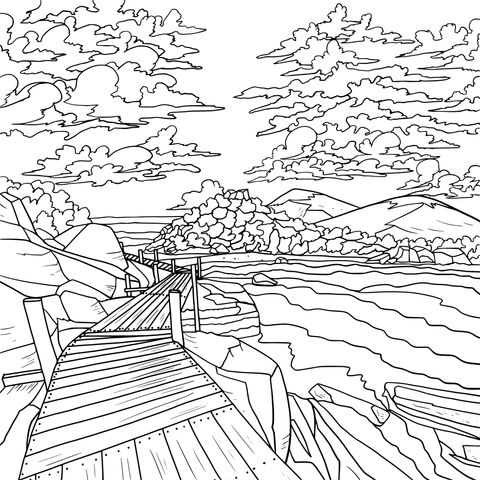 Seaside Wooden Boardwalk Scenery Coloring Page