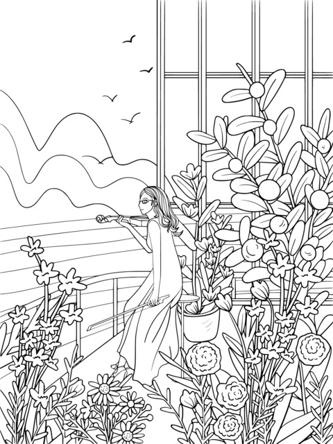 Coloring Page of a Woman Playing the Violin by the Window