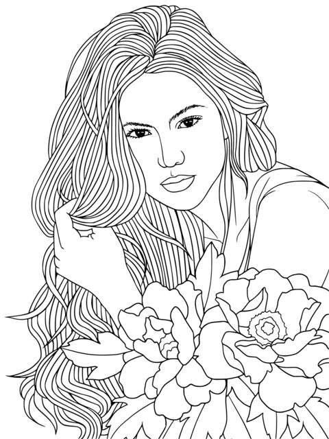 Blonde Woman and Blooming Flowers Coloring Page