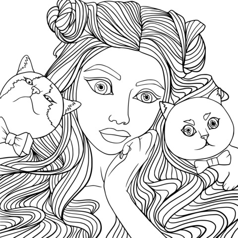 Dreamy Girl with Black Cats Coloring Page