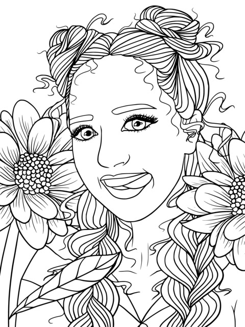 Coloring Page of a Woman with Flowers