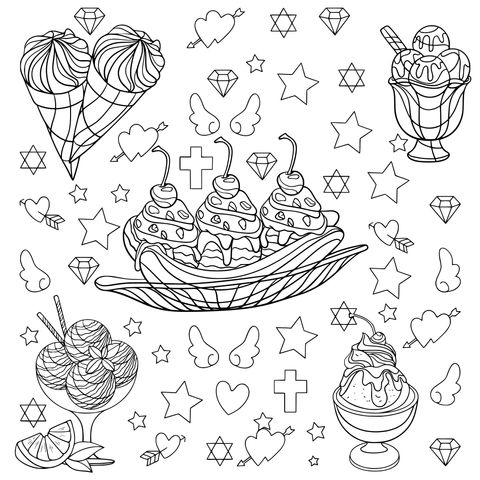 Colorful Ice - Cream and Decoration Elements Coloring Page