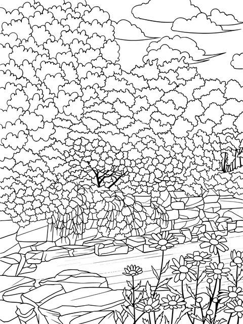 Coloring Page of Flowers, Plants and Trees by the Stream