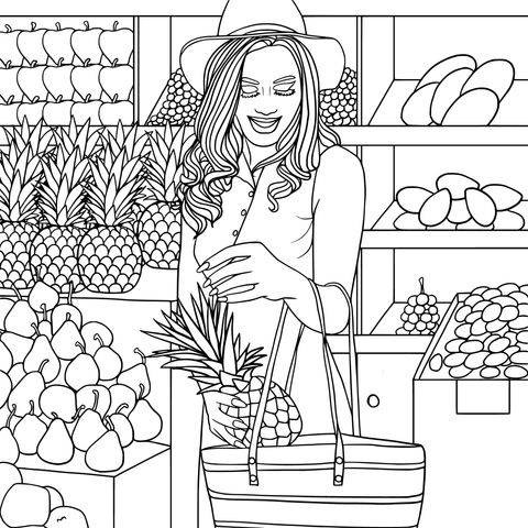 Página para colorear de una dama comprando en una frutería