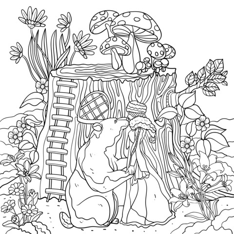 Fairytale - style Tree - stump Cottage Coloring Page: Heartwarming Scene of a Bear and a Girl