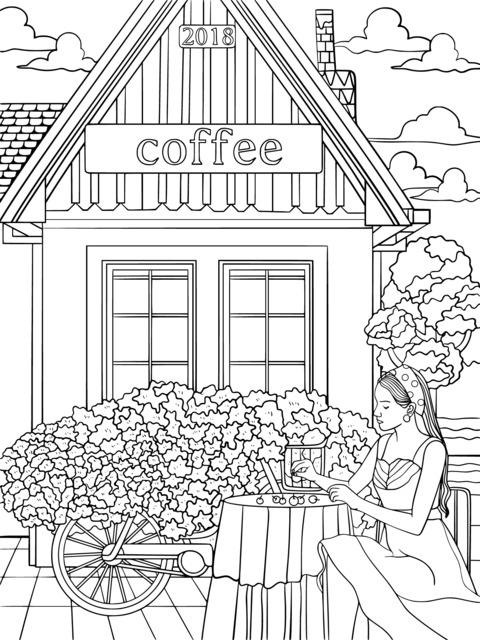 Coloring Page of a Woman in Front of a Coffee Shop