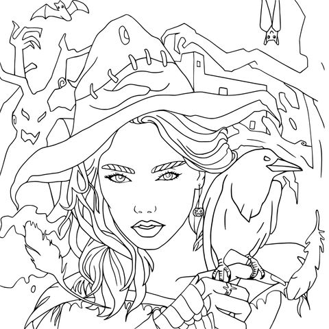 Red - Haired Witch and Raven Coloring Page