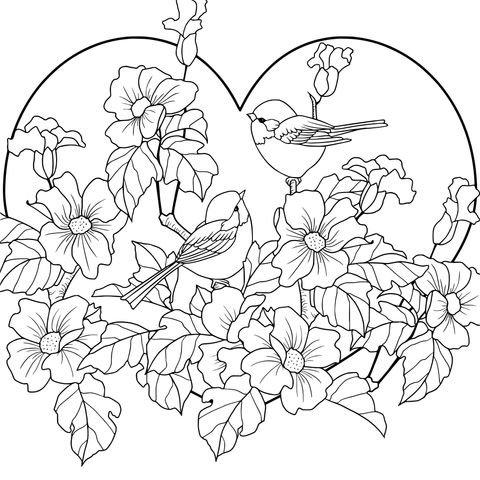 Flower - Bird Heart - shaped Coloring Page