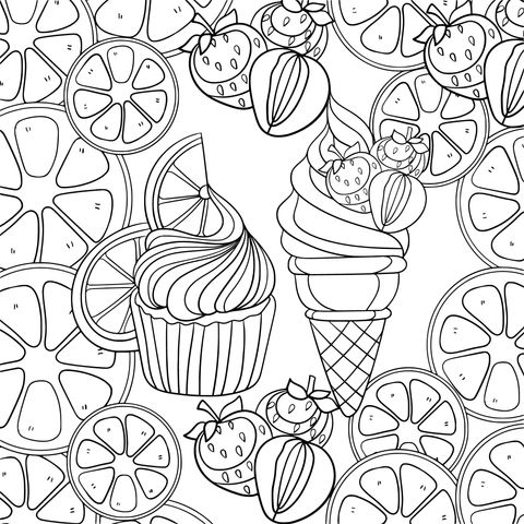 Página de Colorear con Frutas y Postres Coloridos