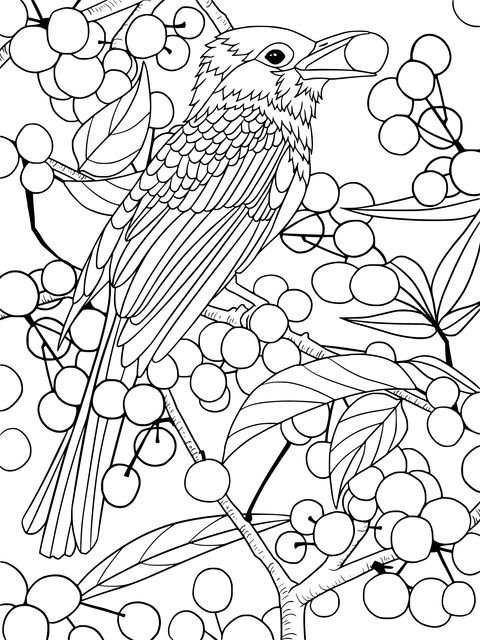 Bird and Red Berries Coloring Page