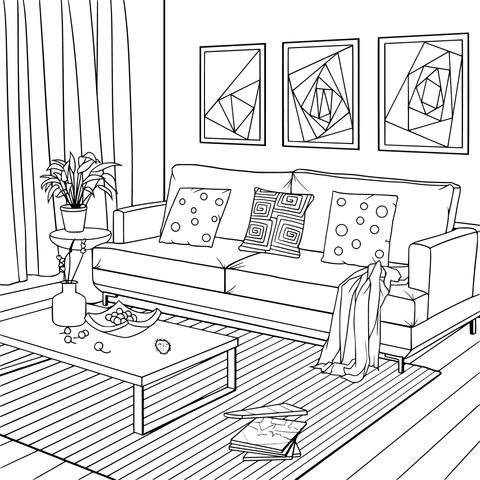 Cozy Living Room Coloring Page: Comfortable Sofa and Decorative Paintings