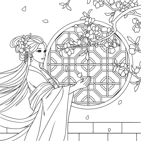 Ancient - style Beauty Admiring Flowers Coloring Page