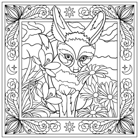 Página para Colorir de Um Fox Adorável e Flores