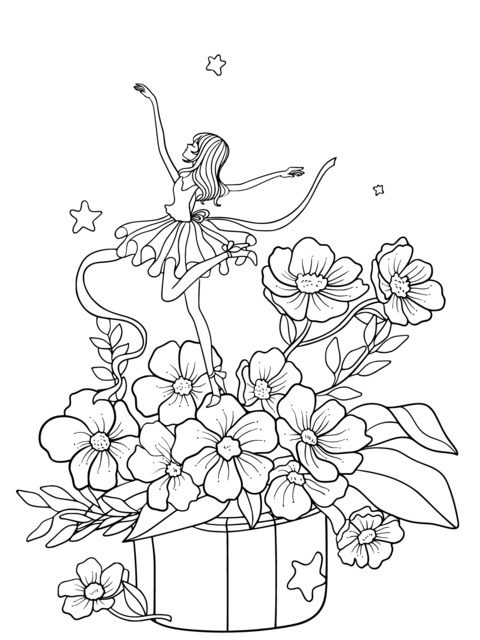 Dancing Girl Among Flowers Under Dreamy Starry Sky Coloring Page