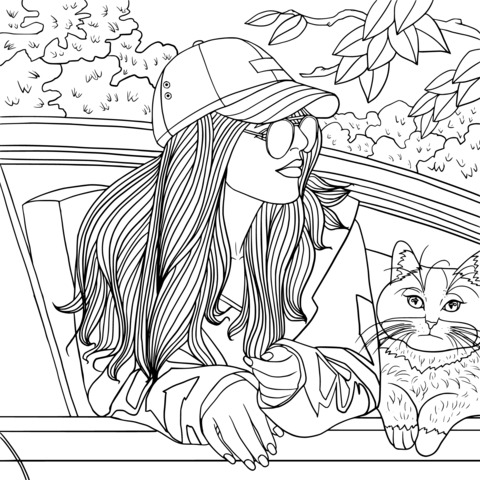 Página para colorear de una chica y un gato en un viaje en auto