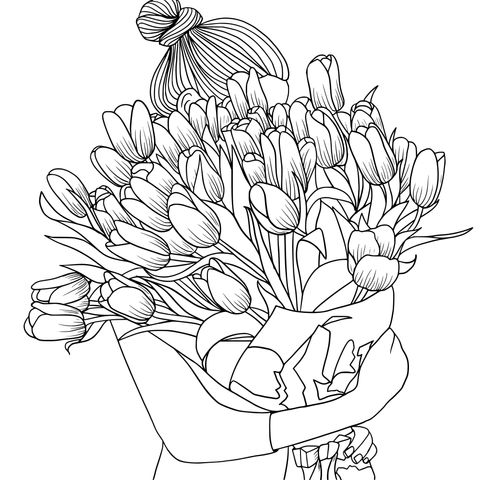 Coloring Page of a Woman Holding a Bouquet of Colorful Tulips