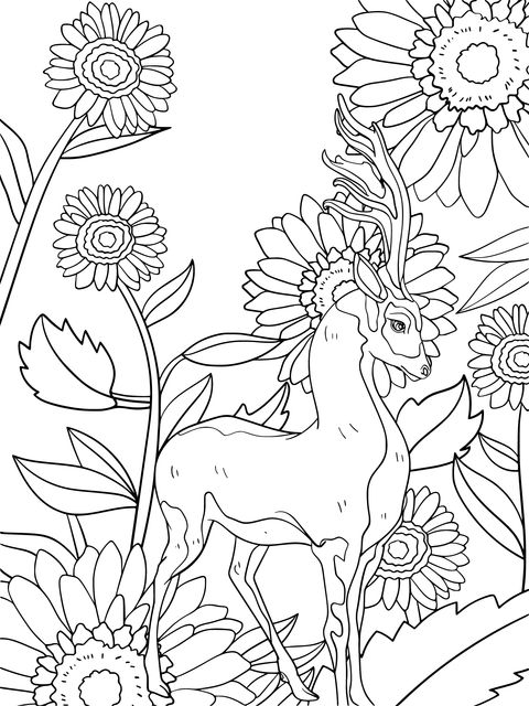 Coloring Page of Sunflowers and a Deer