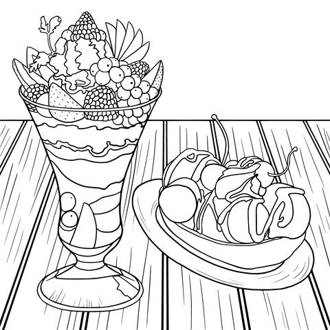 Colorful Dessert Coloring Page: Fruit Parfait in a Goblet and Cherry Pie